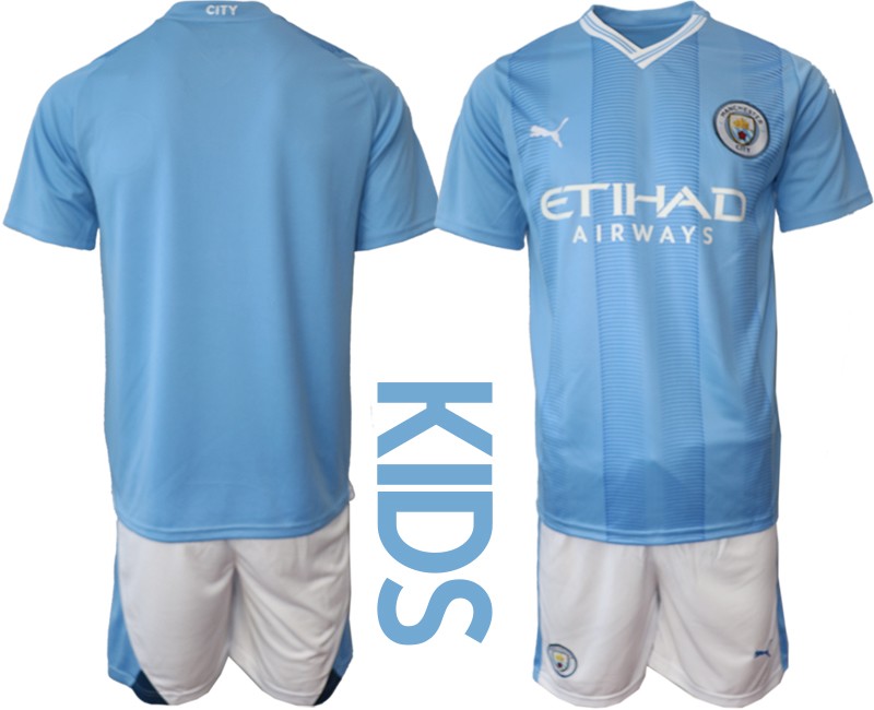 Manchester City Heimtrikot 2023/24 Kinder Kurzarm + Kurze Hosen