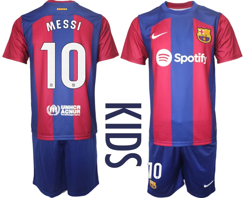 Barcelona Heimtrikot 2023/24 Kinder Kurzarm + Kurze Hosen Messi 10